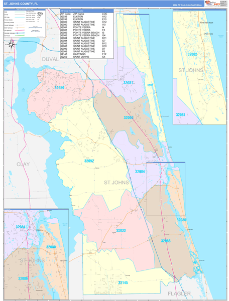 St. Johns County, FL Wall Map Color Cast Style